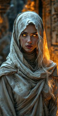 The primary subject of the image is a woman with long blonde hair, wearing a white and gold scarf. She is looking directly at the camera, with her eyes glowing yellow. The setting appears to be a dark room, possibly a cave, with a stone wall visible in the background. The visual style of the image is a combination of photo and digital art, creating a unique and captivating portrait. The colors and mood of the image are dramatic and mysterious, with the woman's glowing eyes